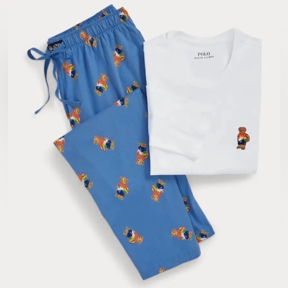NEW Polo Ralph Lauren Mens Beach Bear Blue Cotton Jersey PJ  Pajama Sleep Set